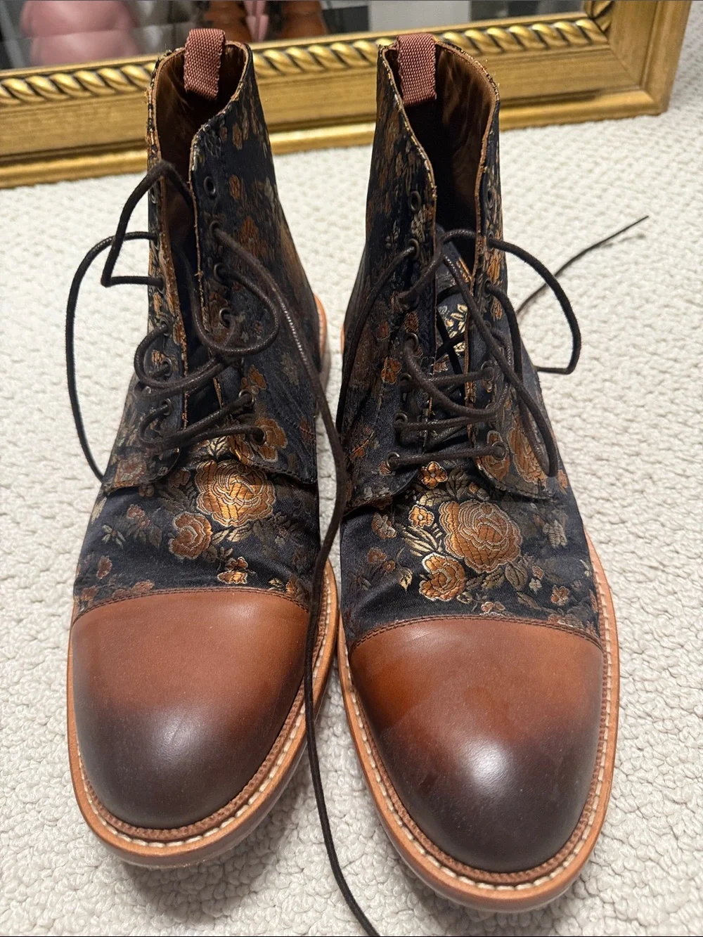 Taft Black Brocade Floral Lace-Up Boots with Brown Leather Cap